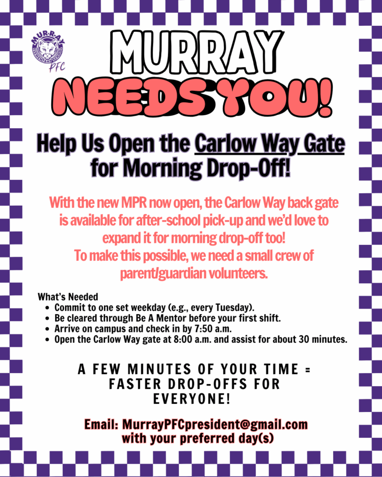 Murray Needs You to Open the Carlow Way Gate for Morning Drop Off.